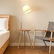 Krear Floor Lamp with Table, Tripod Wooden Lamp for Study Living Room, Foot Switch Standing Light Coffee Table Tall Lamp Natural