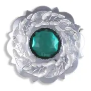 Miracle BROOCH CAP BADGE CHROME THISTLE BORDER EMERALD FAUX STONE KILT PLAID NEW