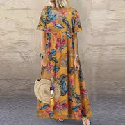 ZANZEA Womens Summer Short Sleeve Printed Swing Long Maxi Dress Holiday Beach Sundress