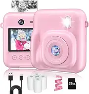 Digital Instant Print Camera, Kids Camera with Dual Camera, 32GB Card, Zoom, Print Cameras Christmas Birthday Kids Student Teens Girl Boy(Rose)