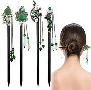 Thinslimer 4 Pack Chinese Hair Stick for Buns Chinese Green Beads Flowers Hair Chopsticks Elegant Vintage Tassel Hair Stick Classical Styling Accessories for Women and Girls (4 Styles)