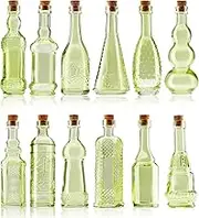 Small Mini Green Vintage Glass Bottles with Corks, Mini Vases, Decorative, Potion, Assorted Design Set of 12 pcs, 4.6 Inch Tall (11.43cm), 1.4 Inch Wide (3.56cm)