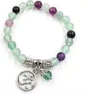 [QSAENHA] Flourite Crystal Bracelet Feng Shui Bracelet Sanskrit Pendant Charm Meditation Bracelet Natural Gemstone Seven Chakra Bracelet Amulet for Prosperity Tranquility Love/1932