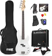 GigKit Electric Bass Guitar Starter Kit with 40W Amplifier, Stand, Strap, Tuner, Bag and Strings Set - Full Size (White)