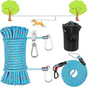 Dog Tie Out Cable for Camping, 50ft/15M Portable Overhead Trolley System with 10ft/3M Runner Lead for Dogs up to 200lbs，Portable Reflective Dog Lead Line for Yard, Park and Outdoor (Blue)