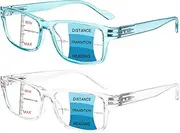 2 Pack Progressive Multifocus Reading Glasses with Spring Hinge Blue Light Blocking Multifocal Readers for Women Men