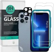 Ibywind Screen Protector for iPhone 13 Pro (6.1"), [Pack of 2] with Metal Camera Lens Protector (Graphite),Back Carbon Fiber Skin Protector,Including Easy Install Kit