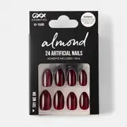 OXX Cosmetics 24 Pack Artificial Nails with Adhesive - Almond Shape, Red