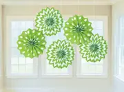 Kiwi Green Printed Paper Fan Decorations 5pk