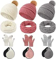 [Liitrsh] 12 Pcs Winter Beanie Hat Scarf Glove Set Knitted Beanie Hat Circle Scarves Gloves Earmuff for Women Men