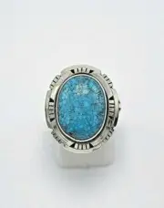 Navajo Handmade Kingman Turquoise Ring in Sterling Silver Size 7.75 by D. Skeets