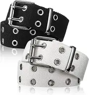 [Geyoga] 2 Pieces Double Grommet Canvas Belts Two-Hole Jeans Vintage Buckle Punk Belts for Men and Women