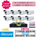 八路監視器組合:一部八路 4K 網路型監控主機 (NVR)+八部智慧雙光 3MP 子彈型攝影機 (POE)