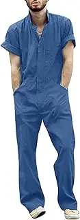 [Generic] Mens Cargo Coverall Outfit Band Collar Zipper Short Sleeve Elastic Waist Summer Loose Lightweight Work Outdoors Set
