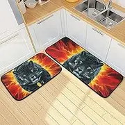 Black Leopard Fiery Face Kitchen Mats for Floor, 2 Piece, Funny Cute Washable Non-Slip Kitchen Rugs Set for Home & Office, Sink, Laundry, 19.7” x 27.6” + 19.7” + 47.2”