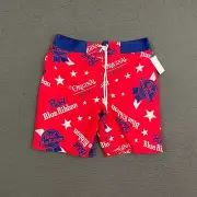 Pabst Blue Ribbon Beer Swim Trunks Mens Medium Red Blue Lined Surfer Dad Beach