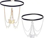 [HOBBIESAY] 2Pcs Thigh chains Golden Silver Butterfly Leg Chains Vintage Thigh Leg Chain Alloy Thigh Body Chain Jewelry for Women Gifts, 39.5cm, Alloy, rhinestone