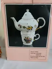 Fine Porcelain China Stacking Teapot & Flat Cup - Fruit Pattern Made in China