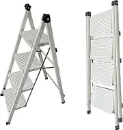 4 Step Ladder, Retractable Handgrip Aluminum Folding Step Stool Non-Slip Wide Steps Foldable Design Heavy Duty 330lbs 150KG Capacity for Home Office (Cream White, 4 Step Ladder)