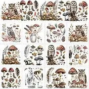 GOMAKERER 12 Sheets Rub on Transfers for Crafts and Furniture, Vintage Mushroom Owl Decals Rub on Transfer Stickers Art Style PVC Rub On Decals for DIY Craft Home Window Wood Decor, 5.5x5.5 Inch