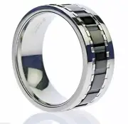 Black Ribbed Center Stripe Spinner Worry Men's Ring Stainless Steel Size 9 T81