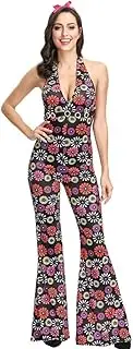 Costume Bay Women's 60s 70s Vintage Groovy Shimmy Hippie Dress with Headband Costume Flared Pants Halloween Disco Outfit Fancy Dress Cosplay Carnival Party (Retro Jumpsuit, M)
