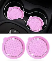 2PCS Car Cup Coaster,Silicone Car Coasters Car Cup Holder Coasters,Car Coasters for Cup Holders,Non-Slip Cup Holder Coasters for Car,Bling Rhinestone Interior Car Accessories (Pink, One Size)