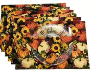 Reversible Pumpkin Harvest Table Placemat Autumn Fall Leaves Sunflowers set of 6