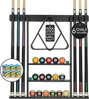 Pool Cue Rack - Pool Stick Holder Wall Mount With 16 Ball Holders & 6 Pack Of Chalk - Rubber Circle Pads & Large Clips Prevent Damage - Compact Billiard Table Accessories For Man Cave
