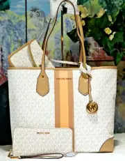 NWT MICHAEL KORS EVA LG Center Stripe Tote BAG + WALLET In CANTALOUP MULTI /Gold