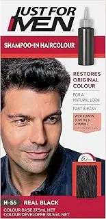 Just For Men Shampoo-in Colour, Grey Hair Dye for Men, Various Shades, Restores Original Colour for A Natural Look - Real Black, H-55