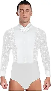 [TiaoBug] Men's Latin Rumba Shirts Casual Long Sleeve Shiny Rhinestones Color Block Salsa Modern Dance Leotard Shirt