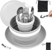 Camping Cutlery Set for 1, Folding Camping Plates and Bowls Set, 7 Pcs Camping Mess Kit Include Knife, Spoon, Fork, Cup, Bowl & Plate, Camping Utensils, Crockery Sets for Travel Outdoor Hiking Picnic