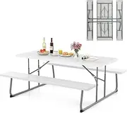Costway Folding Picnic Table with 2 Benches, 1.8m Camping Table Set w/Metal Frame & All-Weather HDPE Tabletop, Umbrella Hole, 8-Person Large Outdoor Dining Table for Garden Yard Poolside (White)