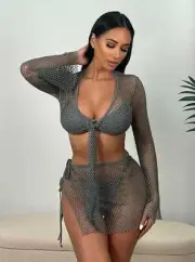 2 Pc. Gray Tulum Mesh Net Tie Front Top & Skirt Beach Cover-Up Set