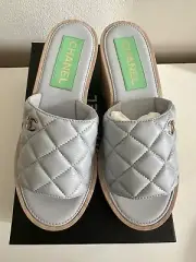 Chanel 22C Platform Wedge Slides Sandals Quilted Blue CC Logo LGH BNIB RARE Sz39