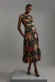 Floral Printed Viscose Metallic Thread Beaded Woven Midaxi Dress