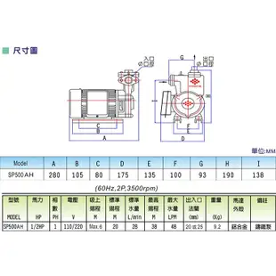 【鋒水電】 九如牌 SP500AH SP500 1/2 HP 抽水機 無水斷電 抽水馬達 家用抽水泵浦