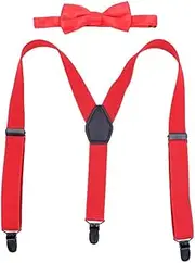 [COMVIP] Boys Girls 3 Clips Solid Party Adjustable Suspenders with Bowtie Red