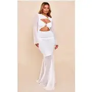 Shape White Mesh Gold Trim Cut Out Dropped Hem Maxi Dress, White