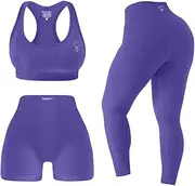 [SereneFit] 3 Piece Workout Sets For Women Seamless High Waisted Matching Exercise Leggings Shorts and Sports Bra Active Set