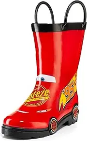 [Disney] Cars Kids Boys Lightening McQueen Character Printed Waterproof Easy-On Rubber Rain Boots (Toddler/Little Kids)