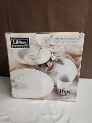 Vintage Libby Gold Band Holiday Garland 16pc Dinnerware Set New