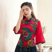 民族風亞麻刺繡花服裝女大碼原創云南棉麻改良旗袍T恤中國風上衣