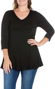 [24seven Comfort Apparel] Women's Plus Size V-Neck Tunic Top (Black, 1X), Black, X-Large