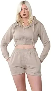 [NY Deluxe Edition] Women Crop Zip Hooded Tracksuit Set Outfits Shorts Sets Long sleeve Top 2pcs Set, Beige, 6