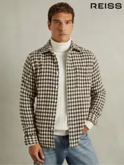 Reiss White/Brown Zonda Dogtooth Overshirt with Wool (AB1789) | $295