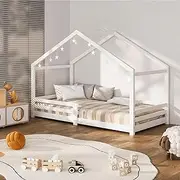 OIKITURE 12CM Height House Bed for Kids with Guard Rails - Wooden Platform Bed Frame with Roof, No Box Spring Needed, for Girls Boys Bedroom, 150KG Weight Capacity, Single Size, White