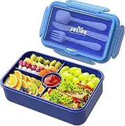 Jelife Bento Lunch Box for Kids - Leakproof Large Bento-Style with 4 Compartments Portions Lunchbox with Tableware Back to School, Reusable On-The-Go Meal and Snack Packing, Blue