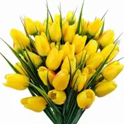 Artificial Tulips Fake Flowers Outdoor UV Resistant 4 Bundles 40 Heads Yellow